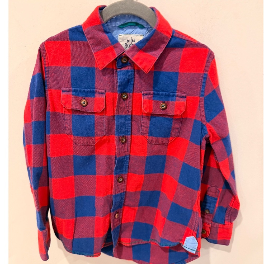 Mini Boden Boys Red Blue Buffalo Check Flannel Button Down Shirt Size 3-4Y